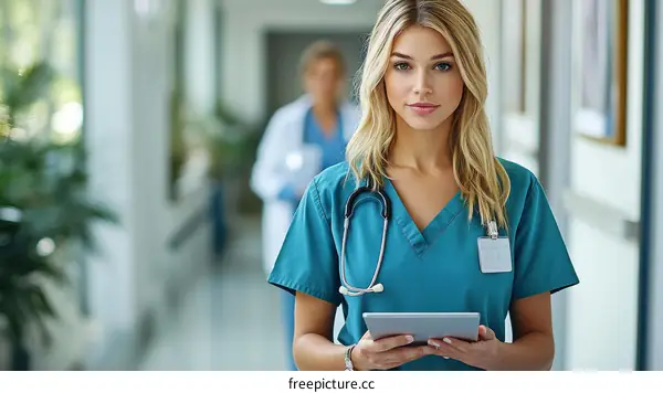 Confident Nurse Holding Digital Tablet in Hospital Corridor