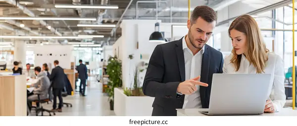 Business Professionals Working on Laptop in Modern Office