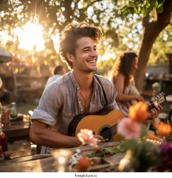 A young man playing guitar and singing with friends in the garden
