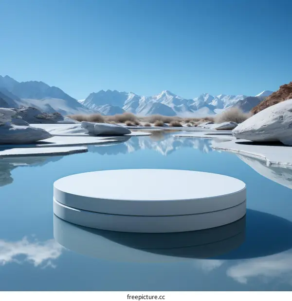 White Podium floating on Frozen Lake By Snow Capped Mountains