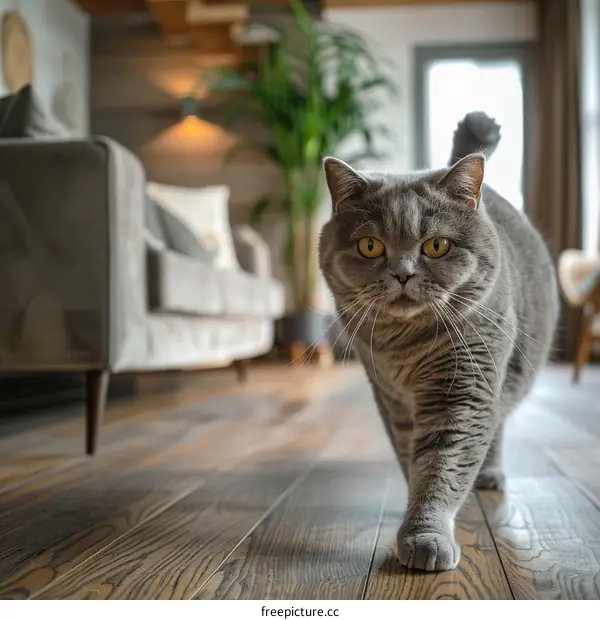 A gray cat is walking on the wooden floor towards the camera in the living room