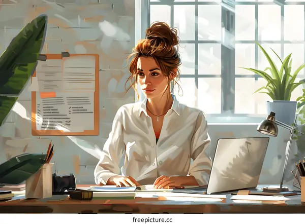 woman working at desk in home office