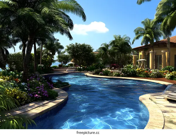 Tropical Resort Swimming Pool with Palm Trees and Villa