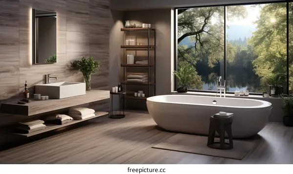 Modern Bathroom with Large Bathtub and Scenic View