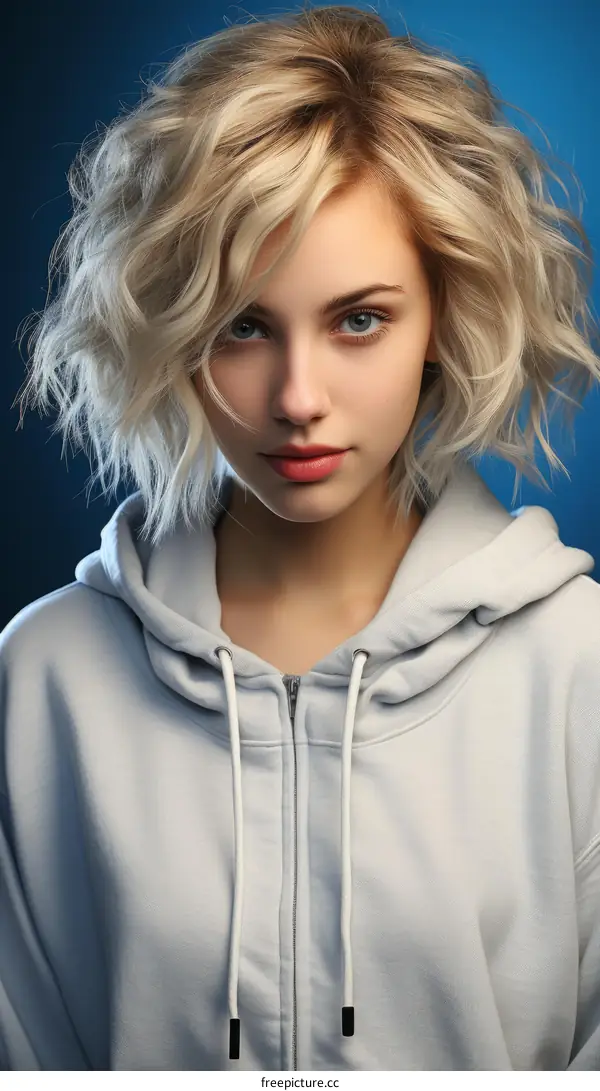 Portrait of a young blonde woman with blue eyes and a gray hoodie