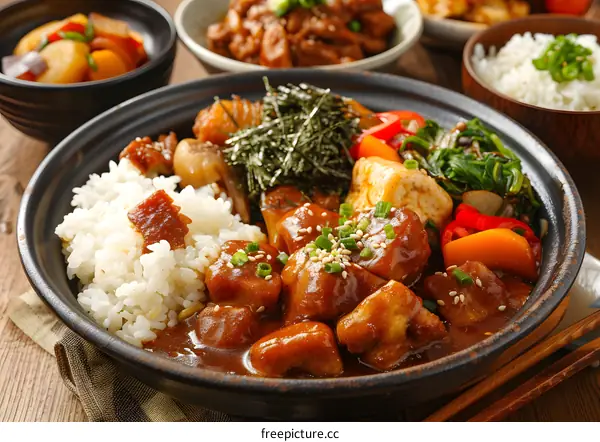 A bowl of Korean food with rice, chicken, vegetables, and seaweed
