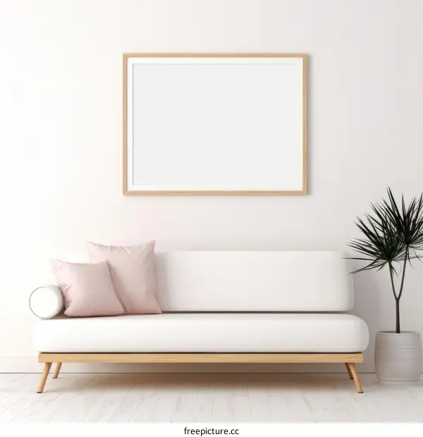 White sofa and pink pillows in front of a blank wall