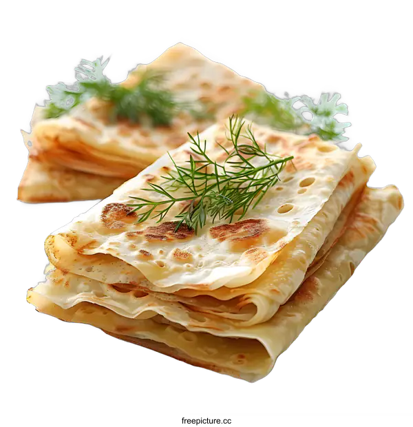 [Transparent Background PNG]Stack of Thin Pancakes with Fresh Dill
