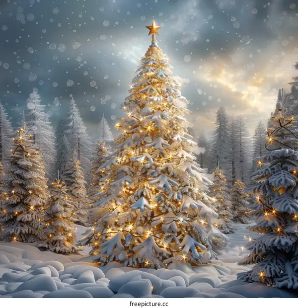 Christmas Tree Standing Tall and Decorated in a Snowy Forest