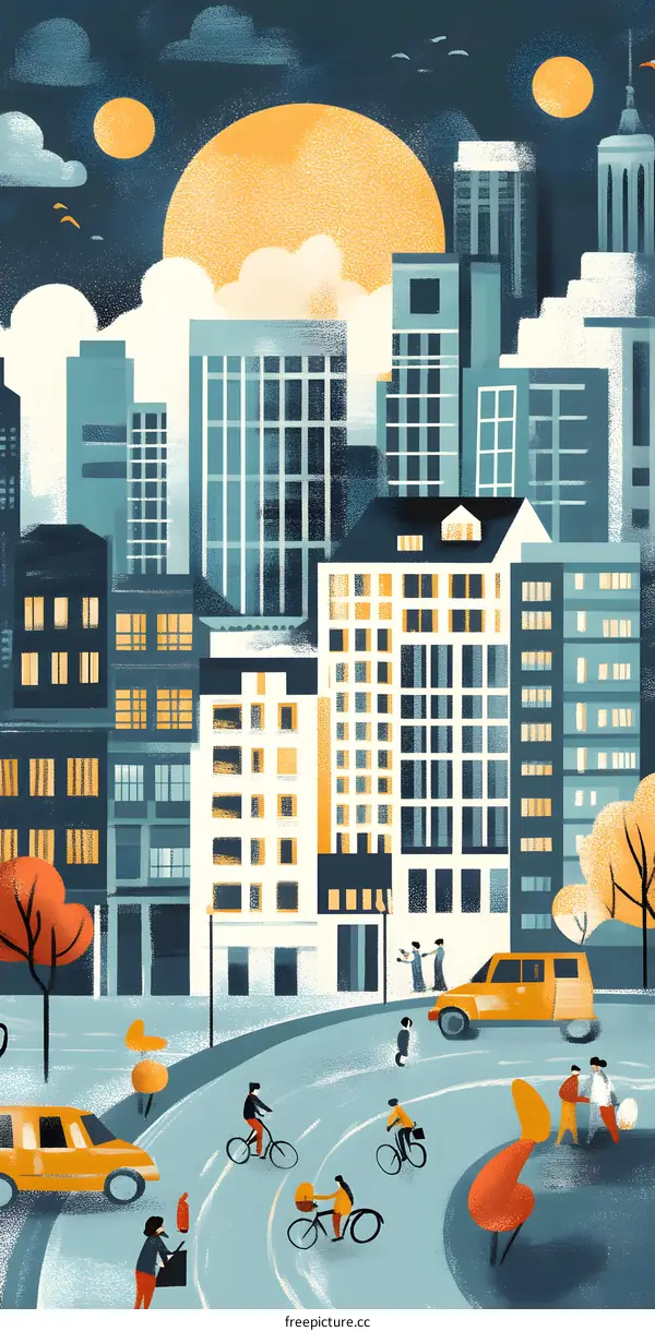 Cityscape Illustration with People Riding Bicycles