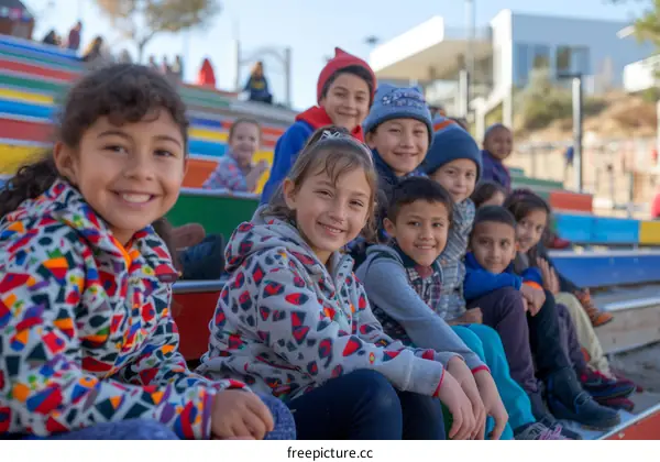 A group of happy children sitting on a colorful staircase