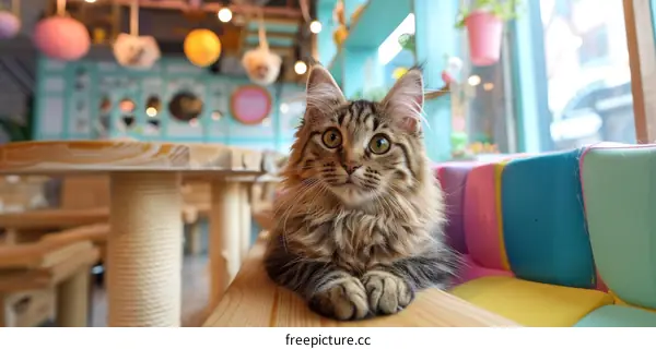 A cute cat sitting on a wooden table in a colorful room