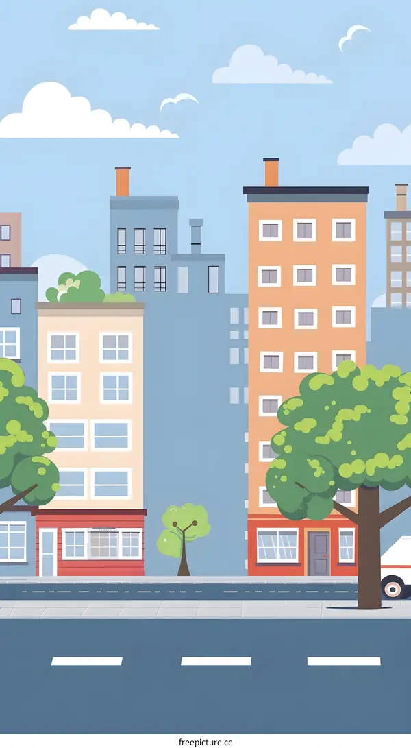 Cartoon Illustration of Cityscape with Buildings, Trees and Blue Sky