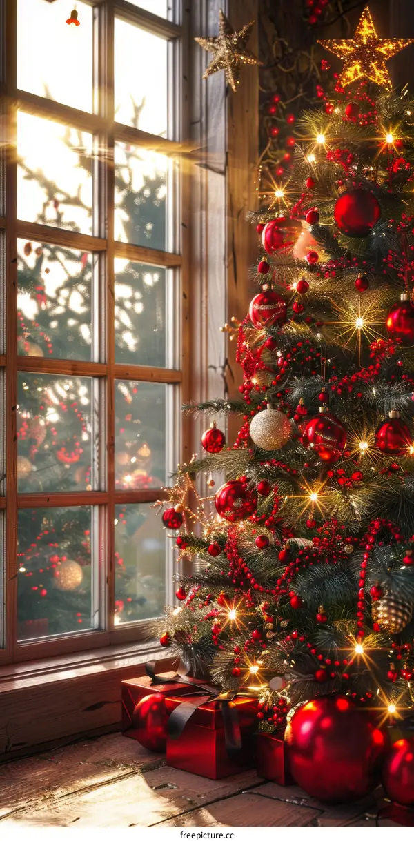 Festive Christmas Tree Decorated with Lights and Ornaments