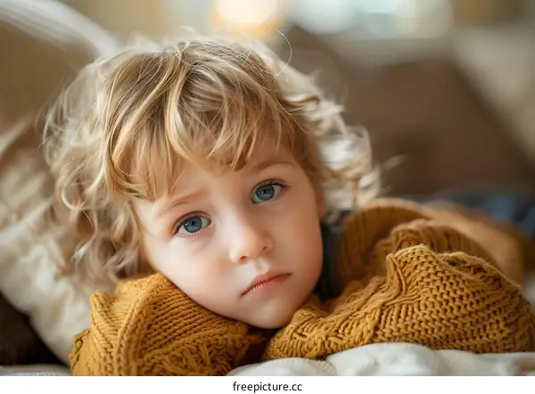 Portrait of a cute caucasian toddler boy with blond curly hair in a yellow sweater