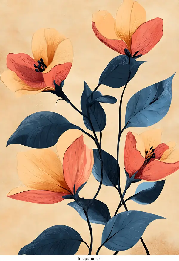 Hand Drawn Floral Illustration of Peach and Blue Flowers on a Cream Background