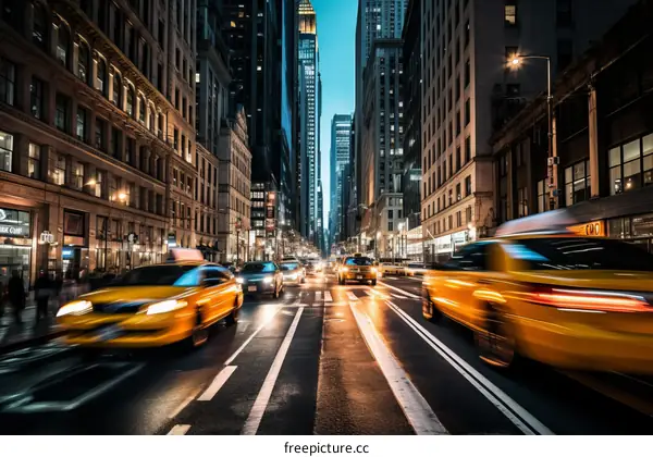Motion Blur of Yellow Taxis in Busy New York City Street