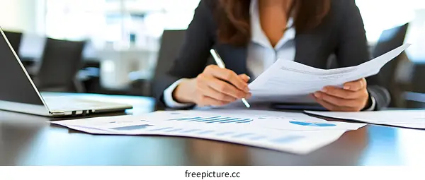 Businesswoman Reviewing Financial Documents at Her Desk