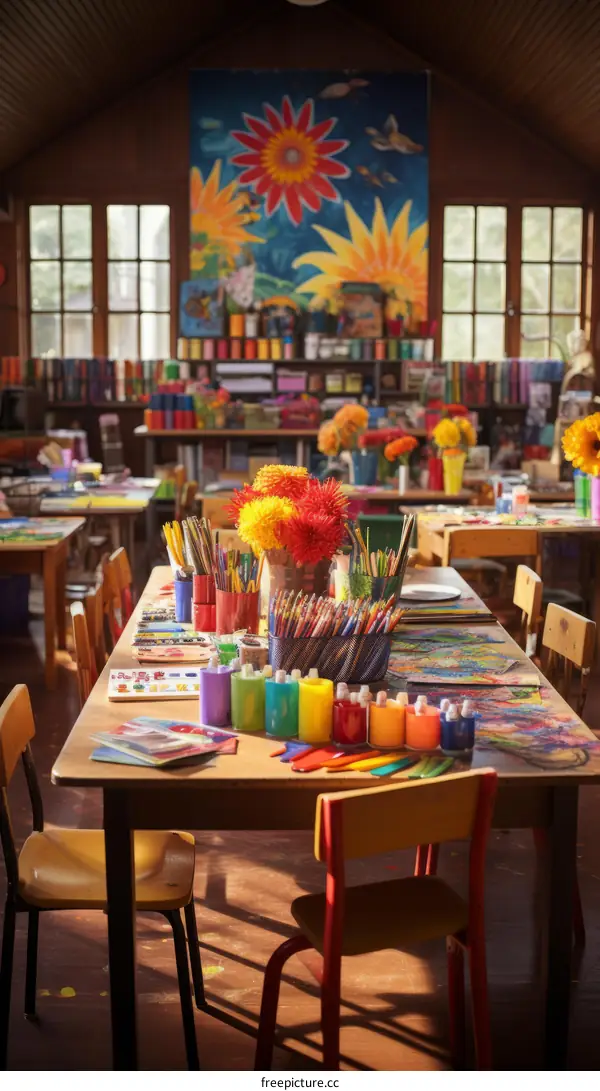 Art classroom with tables, chairs, and supplies