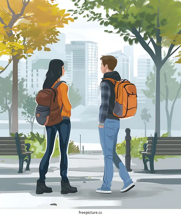 Couple Walking in a Park with Backpacks