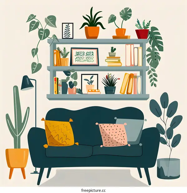 Living Room Interior Design With Plants And Books