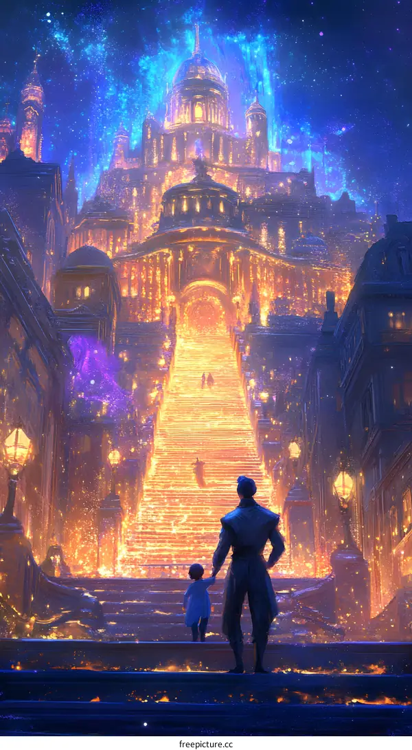 Fantasy Cityscape with Father and Son Looking at Illuminated Stairway to Heaven