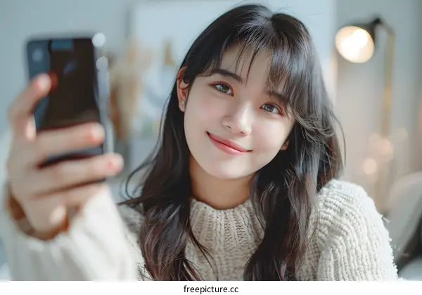 Young Asian Woman Taking Selfie with Smartphone