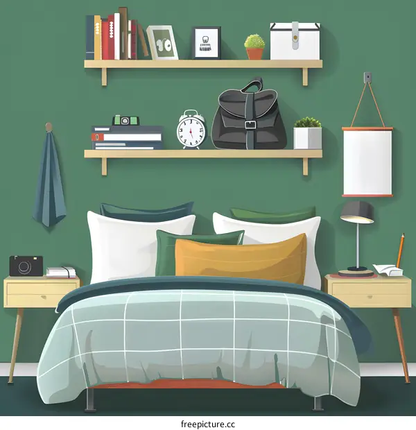 Green Bedroom with Bed and Shelving