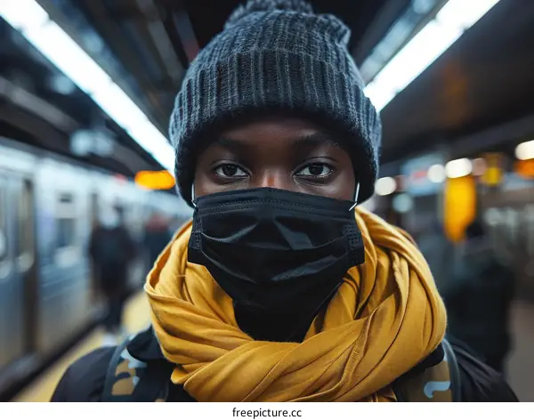 A young woman wearing a mask in a subway station