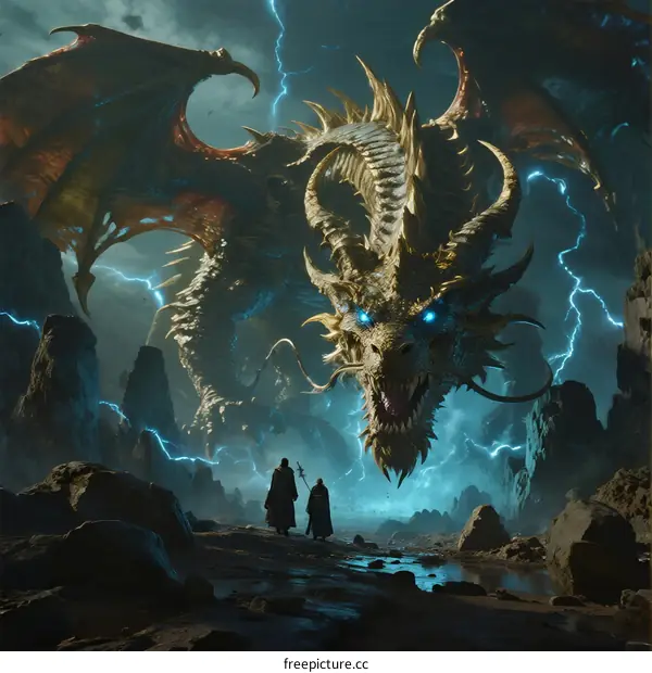 Mighty golden dragon with blue eyes roaring in stormy mountain