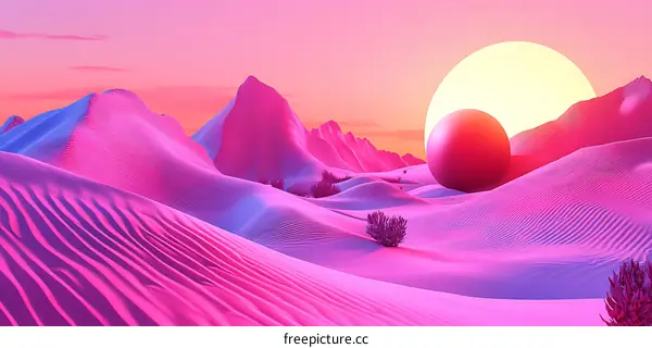 Pink Sunset Over Desert Landscape With Sphere