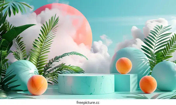 Pink and Blue Balls with Tropical Leaves on a 3D Podium