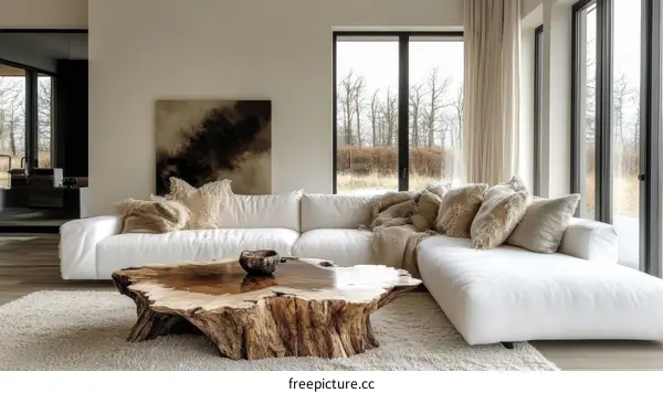 Modern Minimalist Living Room Design with Wooden Coffee Table