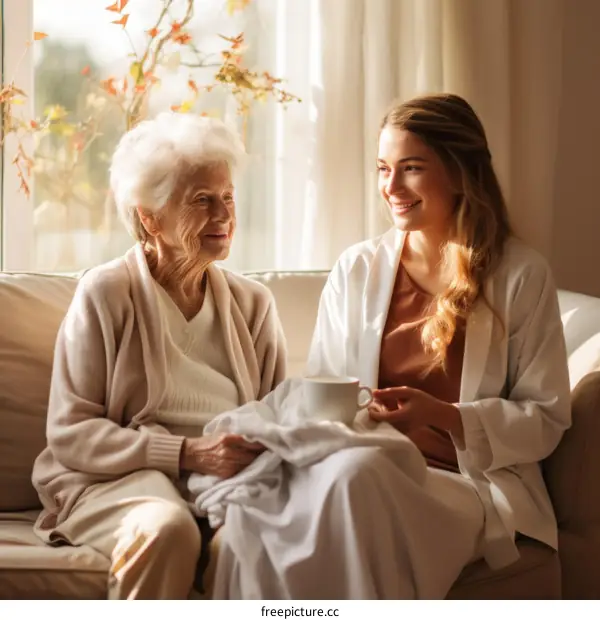 An elderly woman and a young woman are sitting on a couch and talking