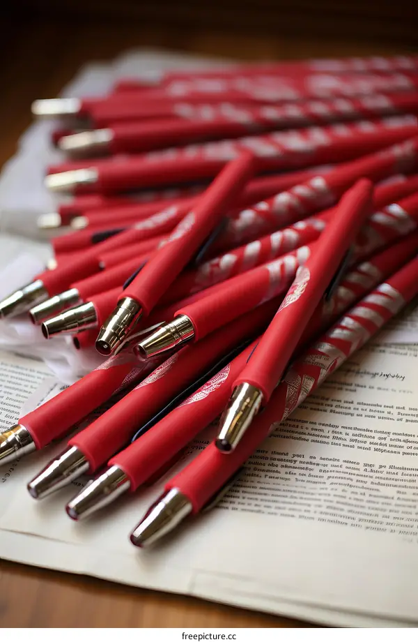 A pile of red and silver mechanical pencils on white newspaper