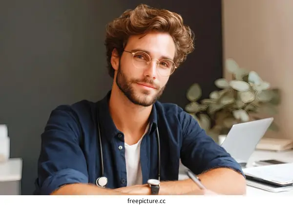 Caucasian Doctor Working on a Desk