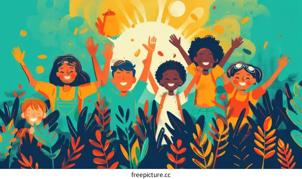 A group of diverse children are playing in a field of flowers and plants.