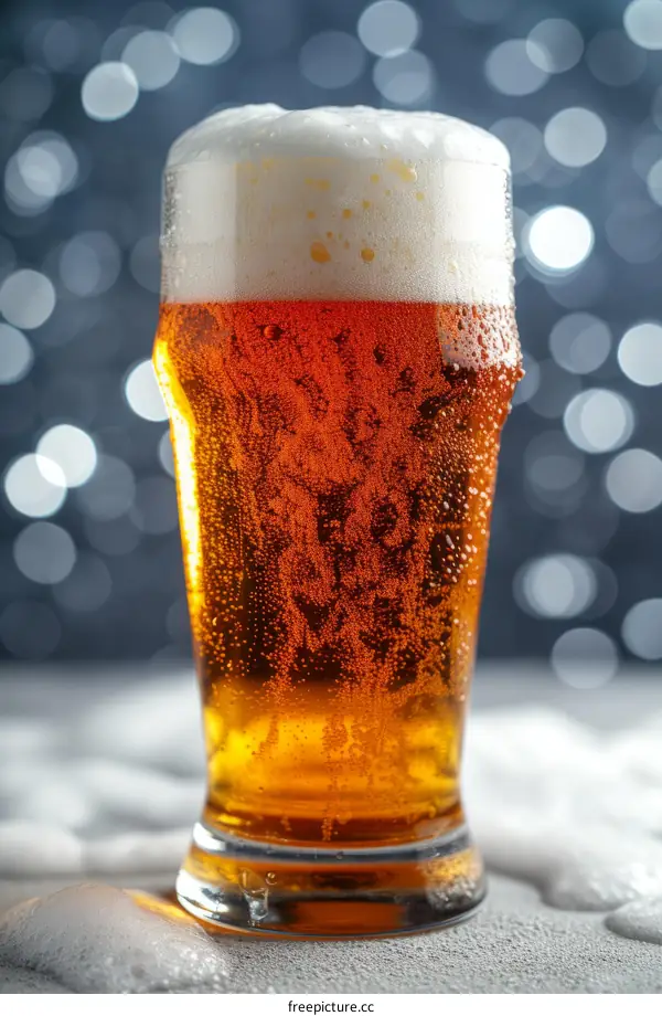 Close-up of a Glass of Beer with Bubbles and Froth