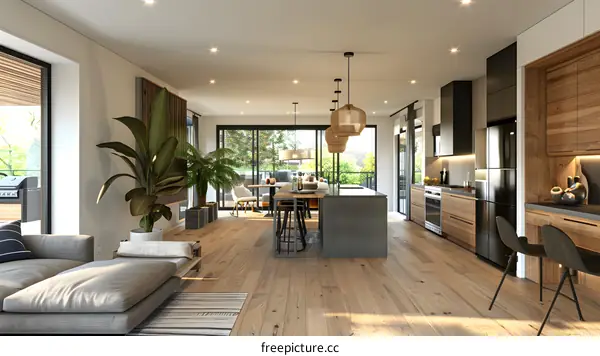 An open concept living space with a large kitchen island and a dining area