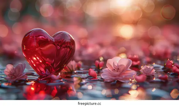 Fragile Heart and Pink Flowers in Water with Reflection