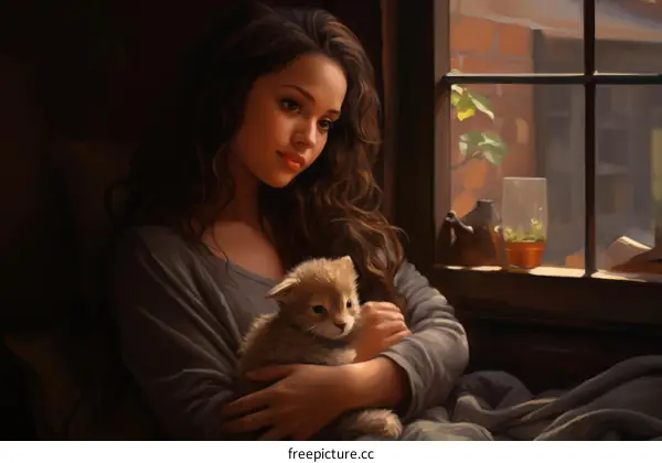 A Woman Cradles a Kitten in Her Arms Inside by a Window