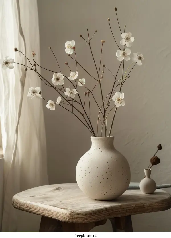 Minimalist Dried Flower Arrangement in Ceramic Vase on Wooden Table