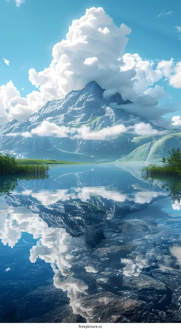 Mountain lake reflecting clouds