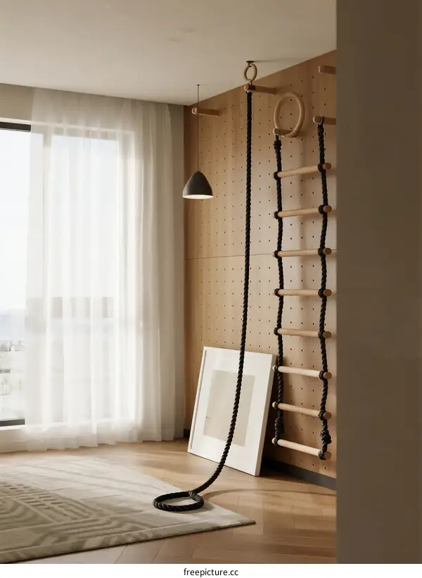 Modern Indoor Climbing Wall with Rope and Wooden Rungs