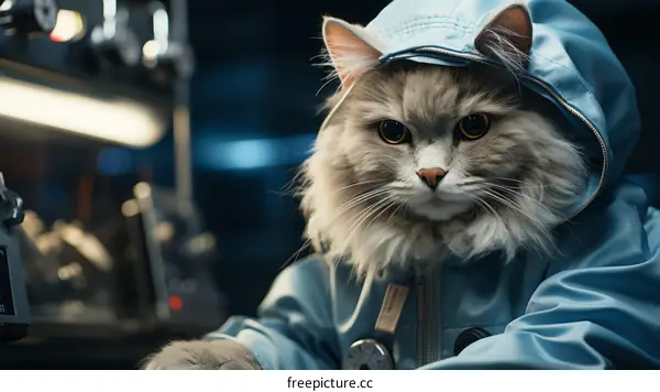A gray cat wearing a blue spacesuit is sitting in a control room.