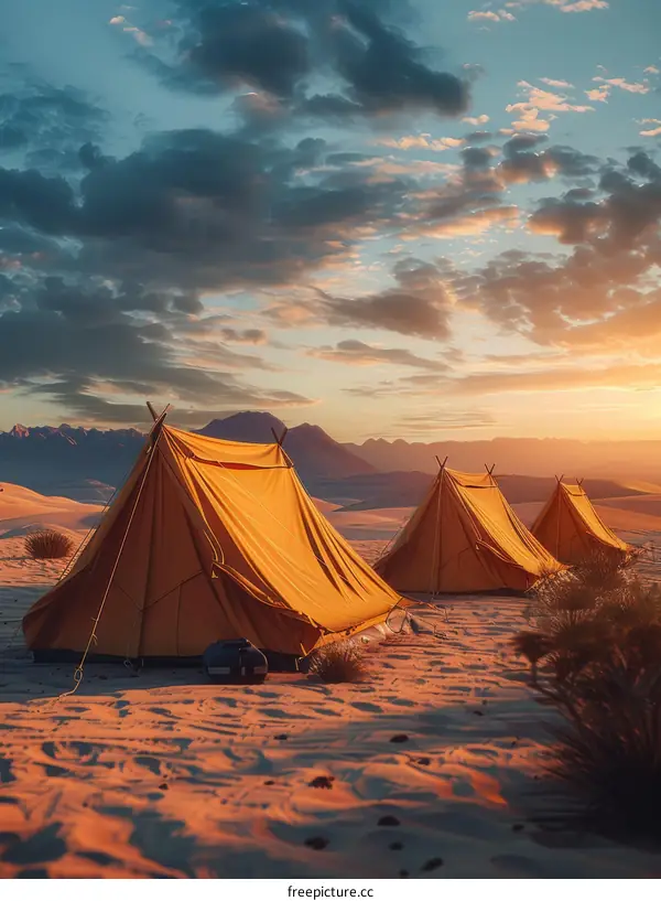 Three yellow tents in the middle of the desert at sunset