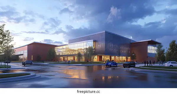 Modern Architectural Design Of A Brick Building With Large Glass Windows