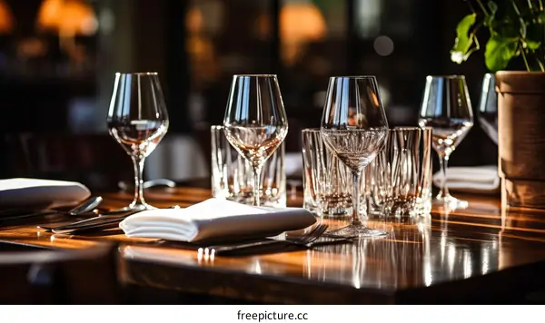 Elegant Restaurant Table Setting with Wine Glasses and Silverware