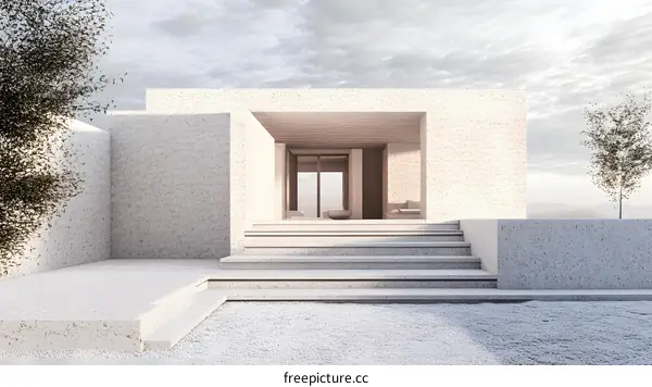 Minimalist Modern Home Architecture with Steps and Grey Sky