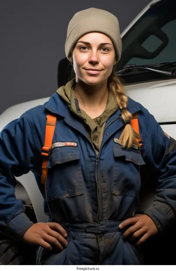 Portrait of a female mechanic in front of a car